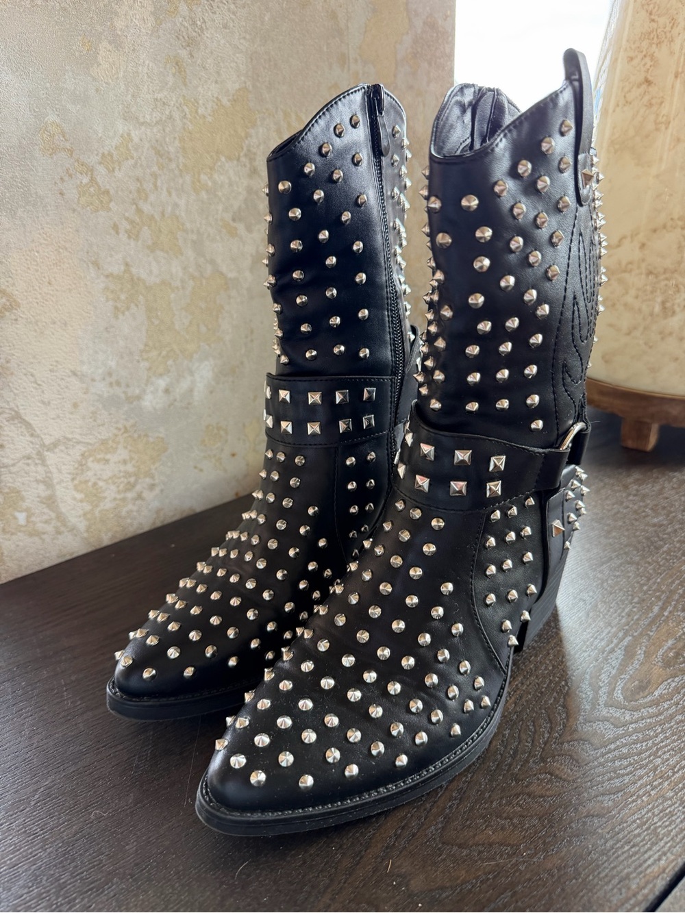 Black Studded Western Ankle Boots - Women